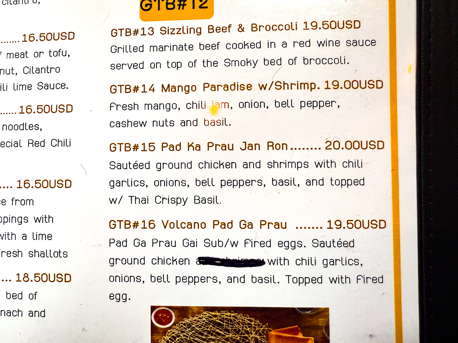 Pad Ka Prau Jan Ron GTB 15 Gin Thai Brasserie Menu